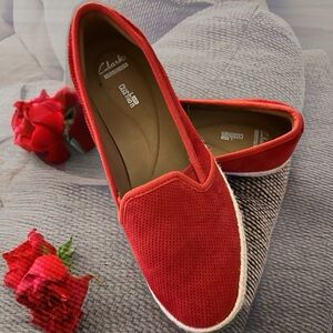 Clarks Red Corduroy Flats with Rosette Detail